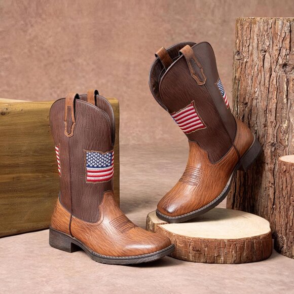 Men\'s Brown Western Boot Side Zipper American Flag Retro Square Toe Mid-Calf main image 6